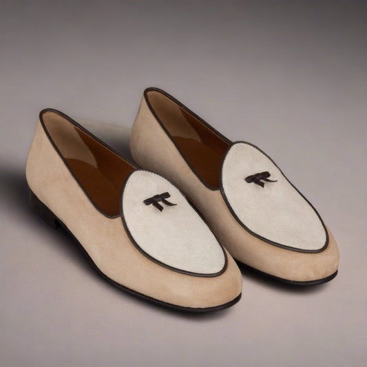 Belgian Slipper in Ivory Suede and Taupe Suede - Zatorres | Free Shipping on orders over $200